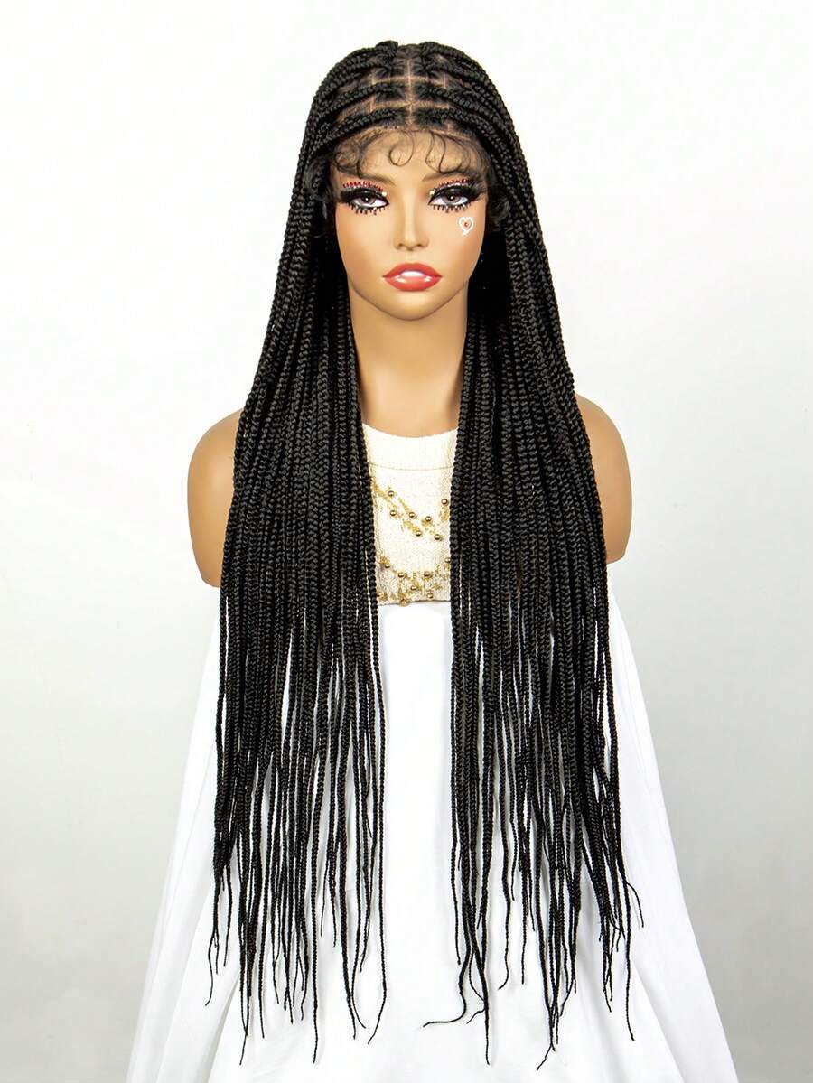 36 Inch Extra Long Lace Front Synthetic Hair Wig, Can Be Styled In Various Ways, Fashionable Braided Fiber Braid Head Cover, Black Color - Black - View 1