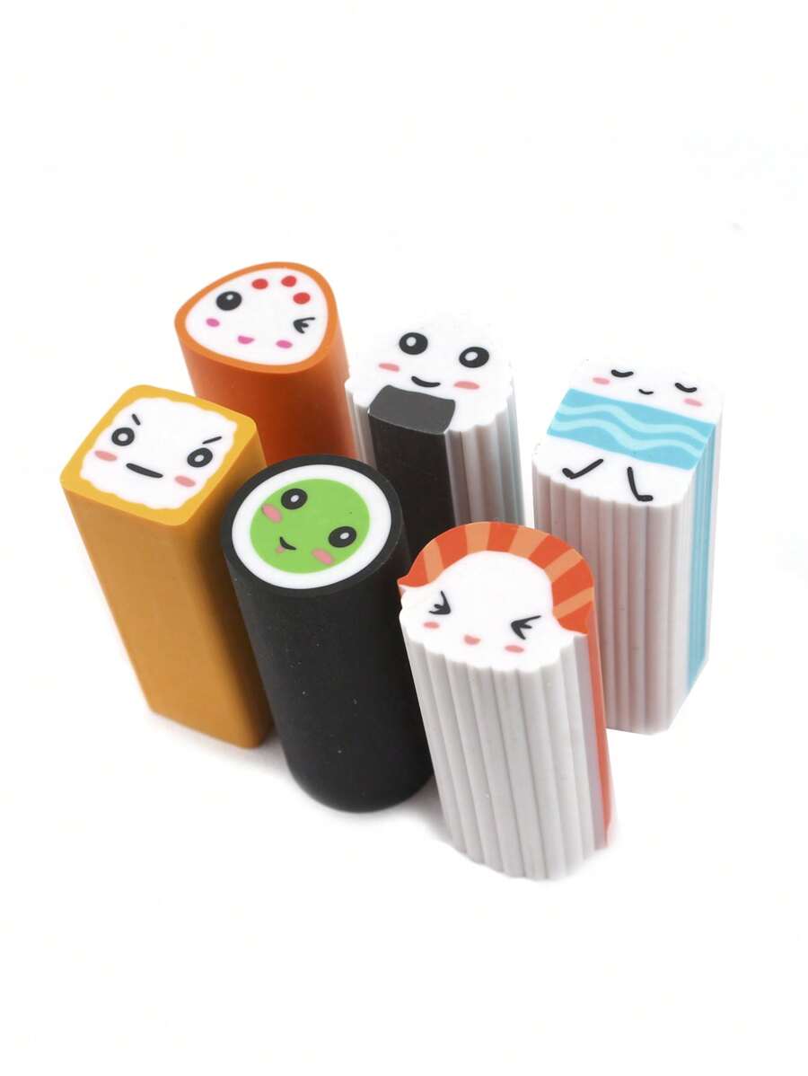 1 Cajita C/ 6pz Gomas Comida Figuras Kawaii Papelería - Multicolor - Ver 1