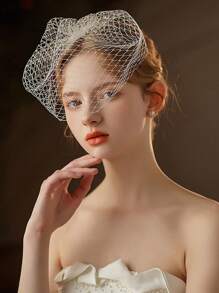 1pc New Bride Style European & American Large Mesh Veil Headdress, Bridal Hair Accessories For Wedding, Party Fall Clothes For Women Valentine's Day Accessories - White - View 3