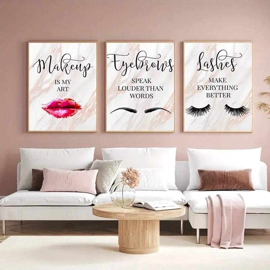 3pcs Pink Marble Cosmetic Eyelash And Eyebrow Canvas Painting Wall Art For Beauty Salon Decor, Modern Living Room And Bedroom Home Decor, No Frame