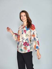 Blusa Campesina Floreada para Dama, Tallas M/L/XL, Manga Abullonada, Escote Ajustable, Tejido Ligero, Estilo Bohemio, Ideal Primavera-Verano, - Naranja - Ver 3