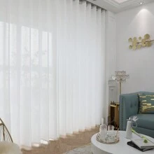 1pc Simple Style White Transparent Polyester Fiber Curtain, Suitable For Living Room And Bedroom Decoration, Translucent And Secluded - White - View 1