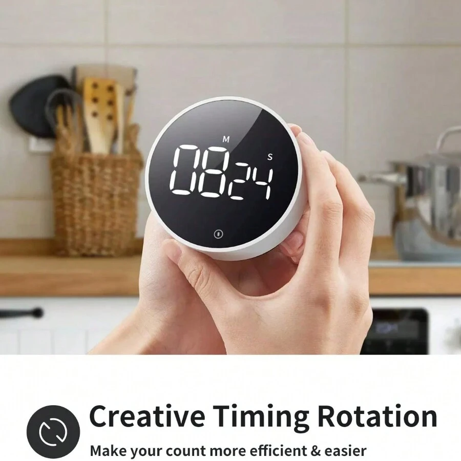 1pc Kitchen Timer Rotating Led Digital Timer Manual Countdown Clock For Cooking Studying Fitness Stopwatch Time Manager - White - View 1