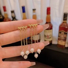 1對925銀針復古假珍珠流蘇耳環,配長鏈,適合女性,個性簡約的ins風格 - 金色 - 查看 6