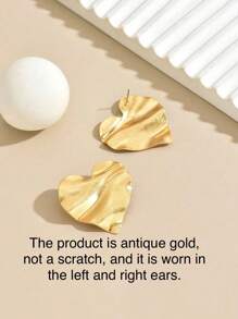 2 件复古简约心形不对称花卉印花和波浪心形设计金色超大一体式环形耳环，适合女性日常佩戴，左右两侧均可佩戴 - 金色 - 查看 7