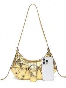 Lightweight Portable Vintage Crossbody Bag For Women: Punk & Gothic Y2K Style Vegan Leather Motorcycle Purse With Rivets, Metal Chains & Adjustable Strap – Accessories For Teens, College Girls, Street Fashion, Concerts, Music Festivals, And Edgy Outfits. - Vàng - Xem 4