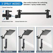Stainless Steel Square Showerhead And Handheld Showerhead Combo Set With Shower Hose, High Pressure And Switchable Shower Modes - Black - View 3