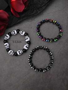 3pcs/Set Horror Cool Colorful Skull Head Elastic Beaded Bracelets For Women, Men, Party