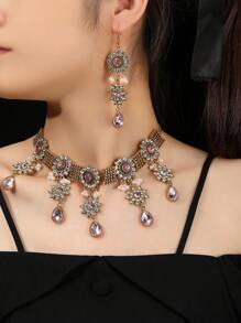 1 套 3 件歐美風格合金水鑽項鍊和耳環套裝適合女士日常佩戴 - 花朵 - 查看 14