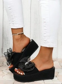 Women Platform Wedge Sandals With Rhinestone Bow Decor & Thick Soles, Classic Style, Outdoor/Household, Black, Faux Suede Material, Fashionable, Perfect For Wedding, Special Offer For Large Size Women Shoes - Black - View 2