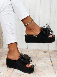 Women Platform Wedge Sandals With Rhinestone Bow Decor & Thick Soles, Classic Style, Outdoor/Household, Black, Faux Suede Material, Fashionable, Perfect For Wedding, Special Offer For Large Size Women Shoes - Black - View 4
