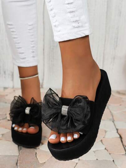 Women Platform Wedge Sandals With Rhinestone Bow Decor & Thick Soles, Classic Style, Outdoor/Household, Black, Faux Suede Material, Fashionable, Perfect For Wedding, Special Offer For Large Size Women Shoes