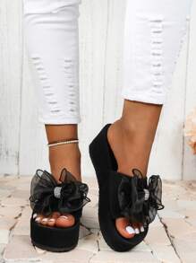 Women Platform Wedge Sandals With Rhinestone Bow Decor & Thick Soles, Classic Style, Outdoor/Household, Black, Faux Suede Material, Fashionable, Perfect For Wedding, Special Offer For Large Size Women Shoes - Black - View 3