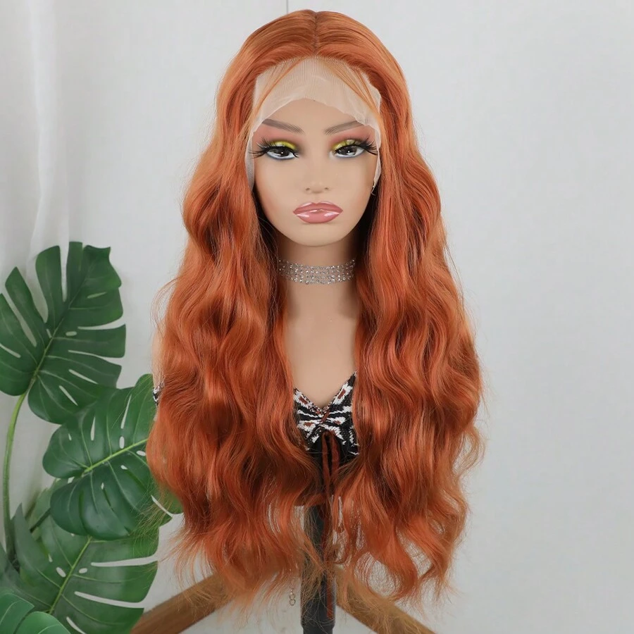 薑色蕾絲前髮套毫不粘懸,身體波薑橙色合成長波浪髮,適用於女性中分前拔髮13x4x1蕾絲假髮柔軟光滑耐高溫合成纖維頭髮日常使用 - 薑色 - 查看 1