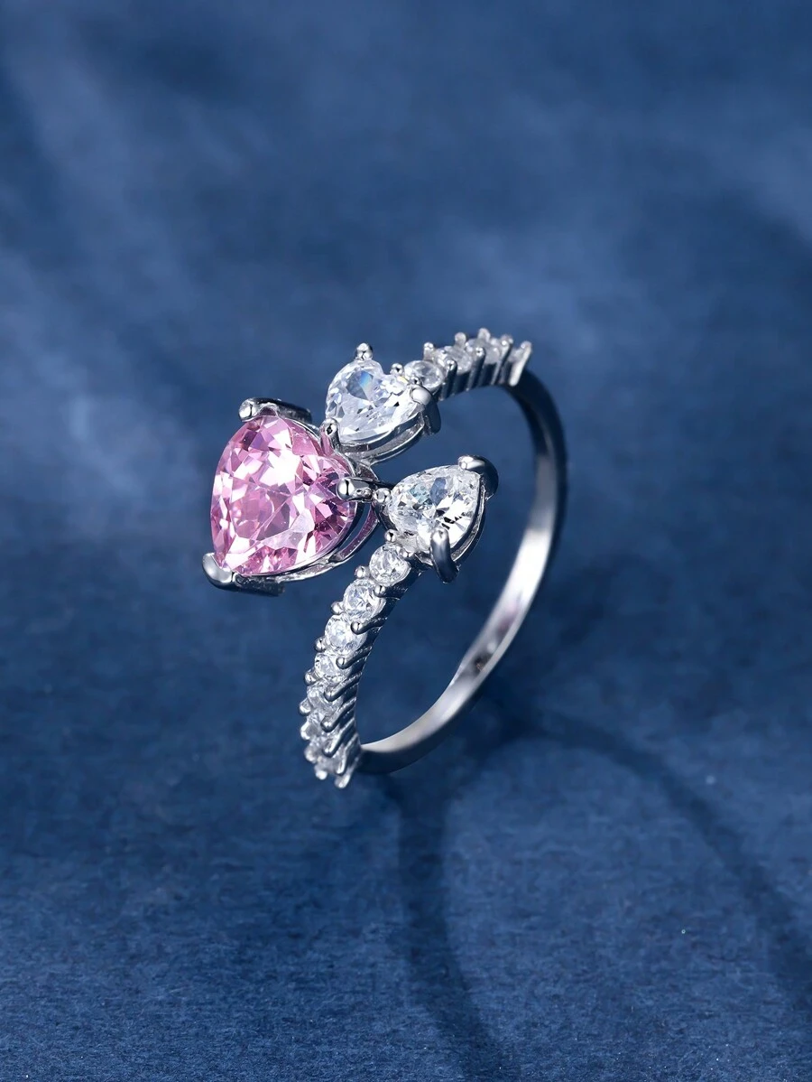 方晶鋯石愛心裝飾銀圓環 - 銀色 - 查看 1