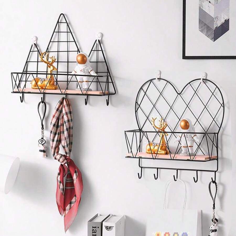 1個有木質橫板和掛鉤的門廳鑰匙架,壁掛式儲物架,裝飾性懸浮式客廳臥室牆壁壁架 - 黑色 - 查看 1