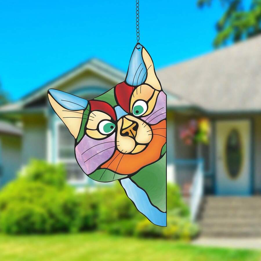 1 件不对称猫形多色亚克力太阳捕手带链，适用于墙壁/窗户悬挂、浴室/后院/花园装饰、音乐节送给朋友的礼物 - 彩色 - 查看 1