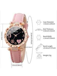 Conjunto de reloj de pulsera de cuarzo con esfera en forma de corazón decorada con rhinestones y pulsera con forma de corazón decorada con rhinestones, un regalo de moda minimalista para estudiantes que vuelven a la escuela en San Valentín - Rosa - Ver 4