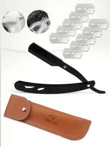 Navaja de afeitar de filo recto profesional con 10 cuchillas, navaja de filo recto premium de hoja única, maquinilla de afeitar manual para hombres, perfilador de bigote y barba, incluye estuche - Negro - Ver 1