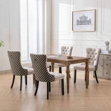 4 Piece Set Velvet Upholstered Dining Chairs, Wingback Side Chairs Button Tufted With Solid Wood Legs For Kitchen,Dining Room. - Beige-Floral - View 3