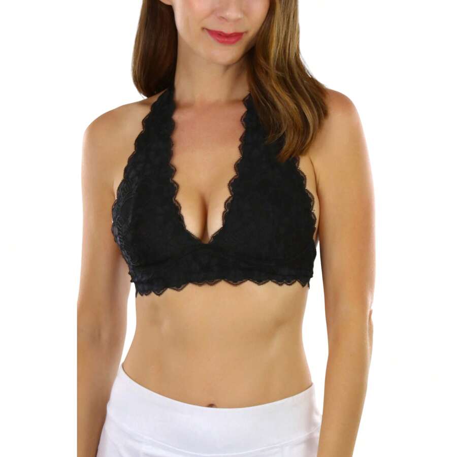 ToBeInStyle Women's Lined Lace Halter Stretch Bralette - 黑色 - 查看 1