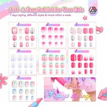 SAVILAND 168Pcs 7 Pack Press On Nails For Kids Children Fake Nails Stick On Nails Pre-Glue Full Cover Glitter Gradient Color Star Short Acrylic Nail Tips Nail Art Christmas Gifts For 8-12 Year Kids - 兒童指甲按壓02 - 查看 2