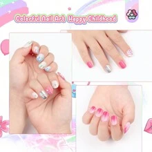 SAVILAND 168Pcs 7 Pack Press On Nails For Kids Children Fake Nails Stick On Nails Pre-Glue Full Cover Glitter Gradient Color Star Short Acrylic Nail Tips Nail Art Christmas Gifts For 8-12 Year Kids - 兒童指甲按壓02 - 查看 7