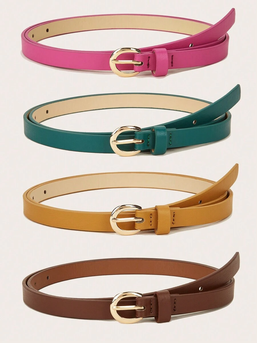 4 件装 女童/青少年女孩经典金色针扣 PU 皮革简约休闲牛仔腰带，纯色