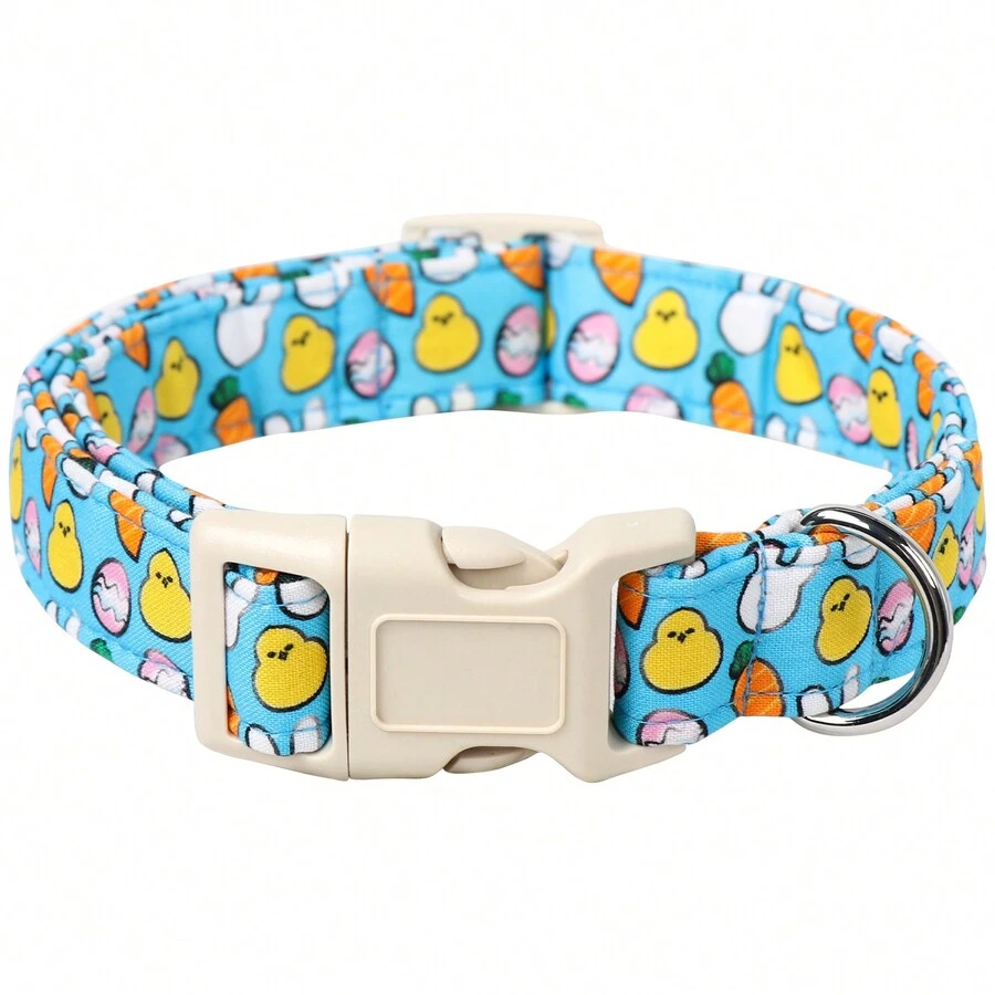 1入限量版復活節兔子和彩蛋印花宠物项圈,適用於貓狗室內/室外,面料製成,米色塑料扣 - 淺藍色 - 查看 1