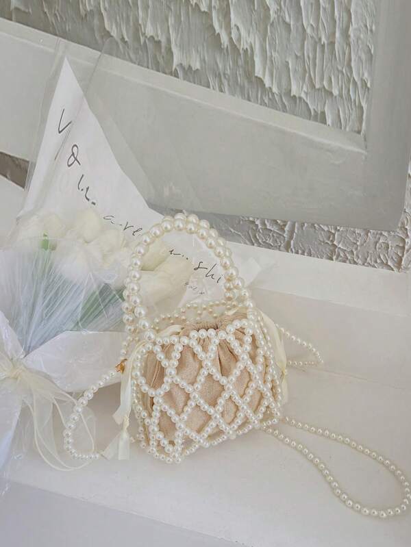 1 件女童塑料尼龙法式复古串珠水桶珍珠手提包带内衬，适合春夏日常使用斜挎包（内衬随机，横竖款随机）