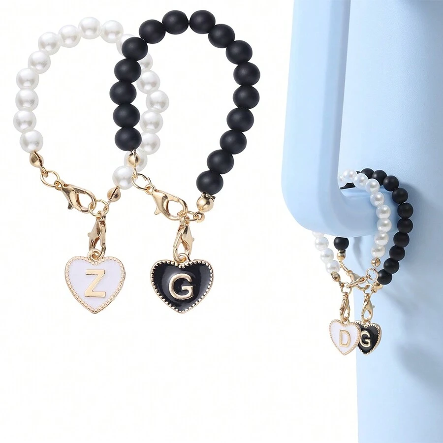 1 Cặp Đôi Móc Khóa Mặt Dây Chuyền Giả Mã Não Cốc Trang Trí Phụ Kiện Với Tôm Hùm Khóa & 26 Bảng Chữ Cái Tiếng Anh Hình Trái Tim Mặt Dây Chuyền - Hạt trắng - Xem 1