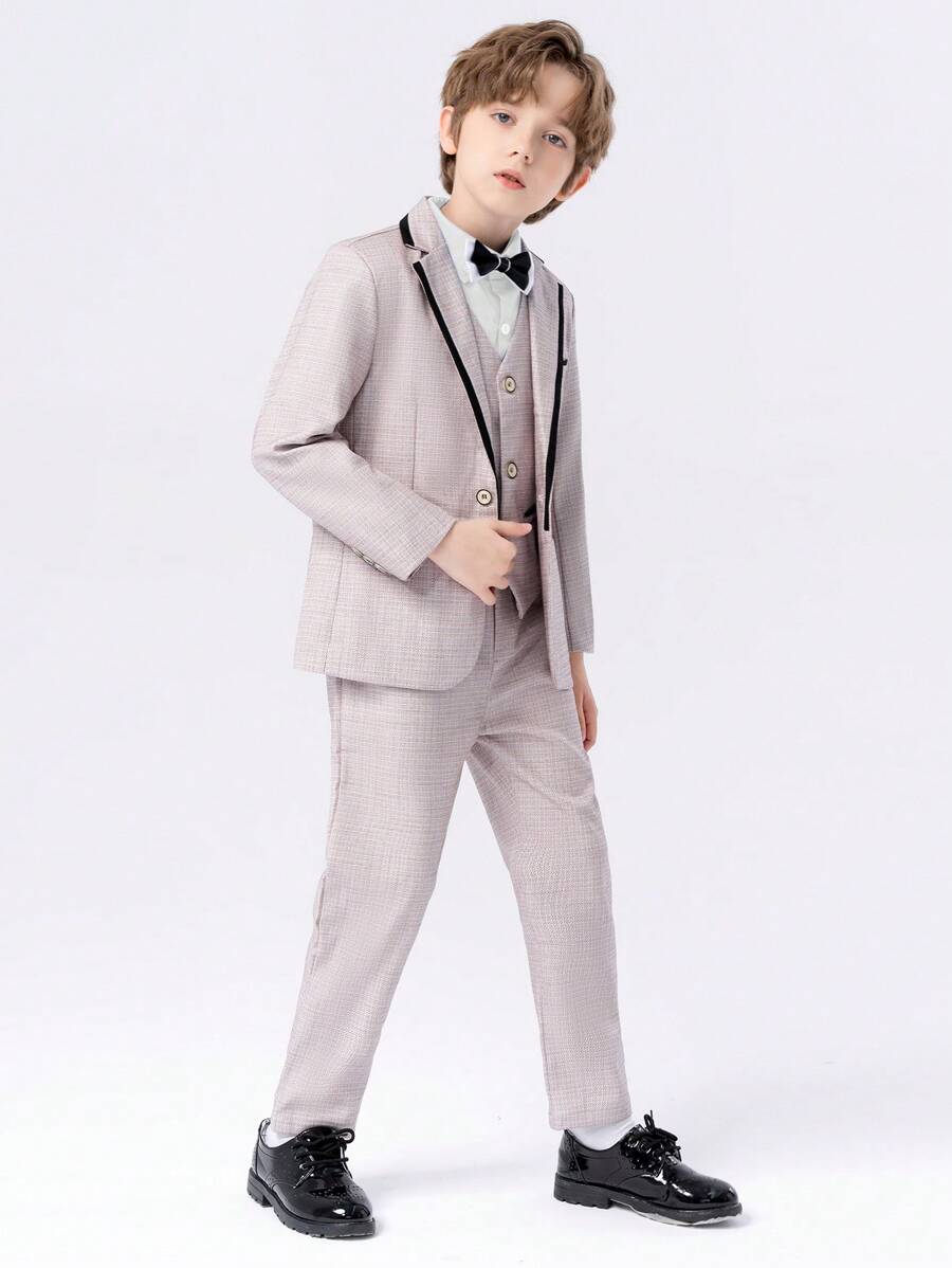年輕男孩4件禮服套裝：春季西裝外套、背心、長褲、領結 - 灰色 - 查看 1