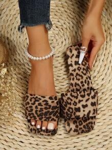 女式平底休閒拖鞋,豹紋布料開放式拖鞋,適用於海灘、戶外、家居