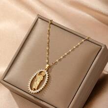 1入男士不鏽鋼長款項鍊,鍍金立體立方氧化鋯瑪利亞形吊墜,個性時尚復古潮流萬能配件,適用於休閒、街頭和音樂節 - 金黃色 - 查看 2