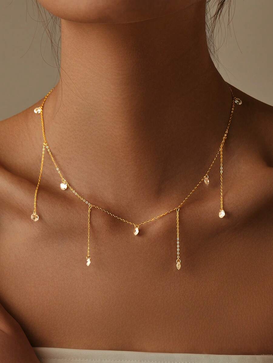 1條個性化時尚925純銀流蘇項鍊,鑲嵌立方氧化鋯 - 金黃色 - 查看 1