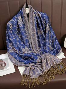 1 chiếc khăn choàng in họa tiết Paisley ấm áp thời trang dành cho nữ, khăn trùm đầu và khăn choàng Paisley cổ điển cho Abaya - Xanh đậm - Xem 3