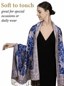 1 chiếc khăn choàng in họa tiết Paisley ấm áp thời trang dành cho nữ, khăn trùm đầu và khăn choàng Paisley cổ điển cho Abaya - Xanh đậm - Xem 5