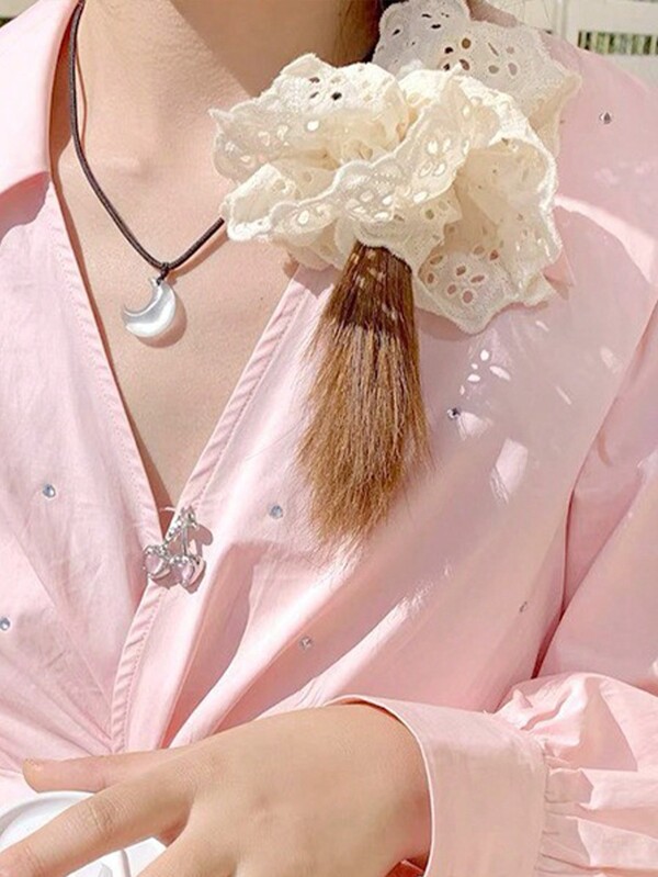 1pc Vintage French Style Heavy Duty Embroidered Lace Bowknot Hair Scrunchie With Hollow Out Design, Sweet Hair Accessory Elegant Hair Tie Ponytail Holder Hair Elastic Hair Rope