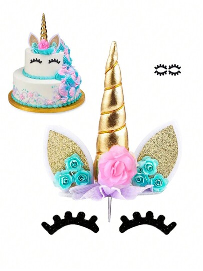 Unicorn Cake Topper,Handmade Party Cake Decoration Supplies With Eyelashes,Reusable Gold Horn For Birthday Party,Baby Shower,Wedding.(4 Eyelashes+1 Base) Cake Decorating Cake Topper Cake Decorations Cake Decor Cake Decorating Tools