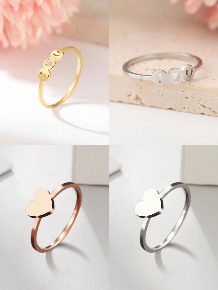 1件不锈钢简约空心实心心形戒指女士,时尚万能的珠宝配件,生日或节日礼物 - 愛心 - 查看 1