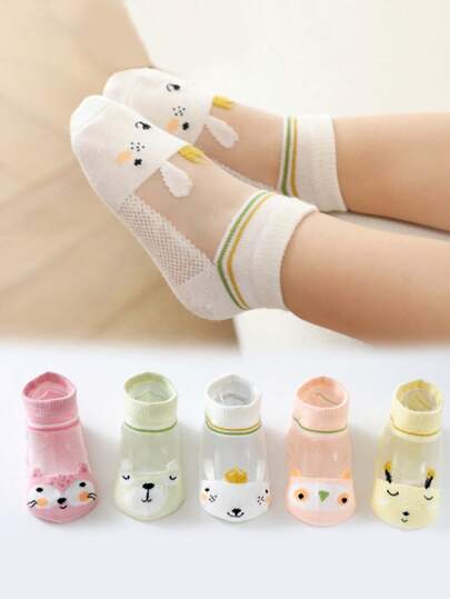 5 Pairs Kids Short Socks, Cute Cartoon Breathable Soft, Comfortable, Fashion Short Socks, With Rabbit Pattern Girls Socks, Back To School