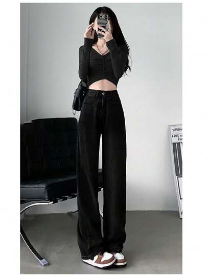 Vaqueros negros de mujer de pierna recta pantalones de pierna ancha