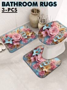 3 件套浴室地毯套装小浴室垫浴室地毯长室内入口垫可水洗家居用品家居配件公寓装饰必备品，肉眼可见的 3D 油画风格家居浴室装饰户外地毯门垫秋季装饰浴室配件返校入口装饰
