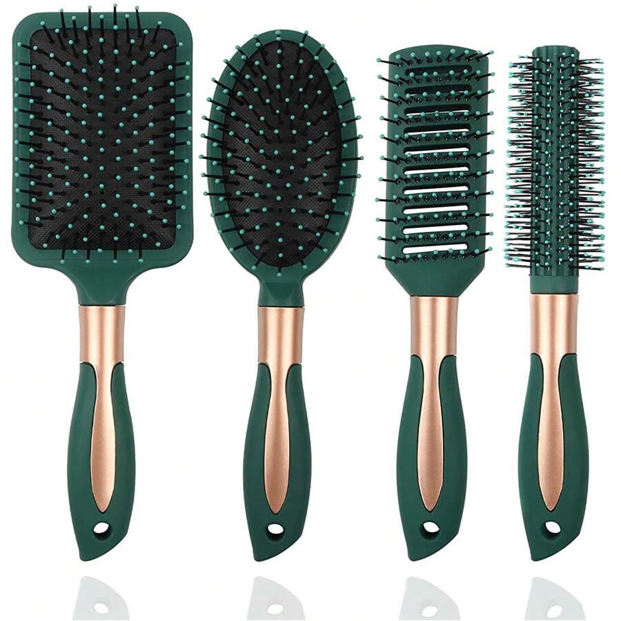 4 Pcs Hair Brush Set,Anti Static Massage Oval Comb,Detangling Brush Round Hair Brush Vent Hair Brush,Flexible Soft Pin Bristles For Long Thick Curly Wavy Dry Damaged Hair,Pack Of 4 Anti-Static Hair Tools For Women, Men & Kids: Oval Comb, Round Vent Brush, Detangling Paddle Brush For Wet/Dry Hair Massage & Shine - Green - View 1