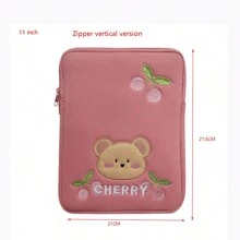 便携式粉色樱桃电脑包，卡通刺绣熊便携式笔记本电脑内胆包，大容量保护套，适用于 11/14 英寸苹果笔记本，秋季大学必备笔记本电脑包，女士 Mac Book 保护套，返校 - 粉色 - 查看 3