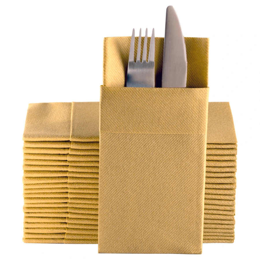 Dinner Napkins Cloth Like With Built-In Flatware Pocket, Linen-Feel Absorbent Disposable Paper Hand Napkins For Kitchen, Bathroom, Parties, Weddings, Dinners Or Events, Pack Of 50 - Gold - View 1