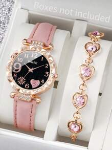 Conjunto de reloj de pulsera de cuarzo con esfera en forma de corazón decorada con rhinestones y pulsera con forma de corazón decorada con rhinestones, un regalo de moda minimalista para estudiantes que vuelven a la escuela en San Valentín - Rosa - Ver 2