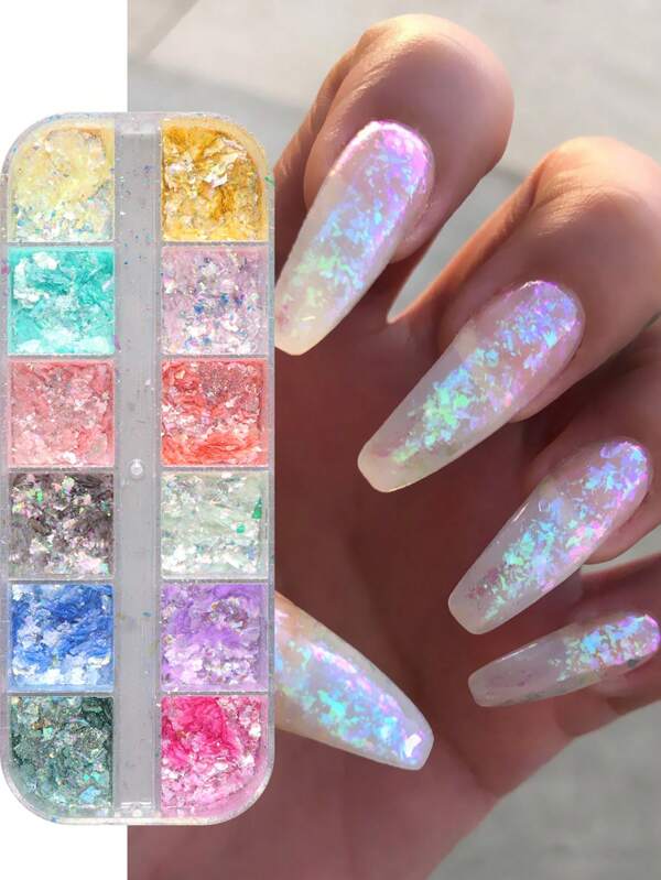 Juego de decoración para uñas con 12 compartimentos de piedras de ópalo holográfico, glitter iridiscente. Incluye polvo de perla semitransparente para hacer joyas y gemas para uñas, suministros para uñas DIY