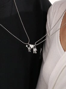2 件时尚简约心形和宇航员设计吊坠项链，适合男士、女士、情侣和朋友作为情人节礼物 - 銀色 - 查看 2