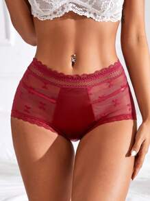 4 pièces Culottes sexy à taille haute en maille transparente avec bordure en dentelle